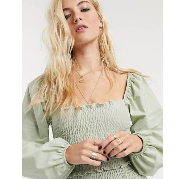 Topshop Green Smocked Long Balloon Sleeve Minidress - Picture 4 of 8
